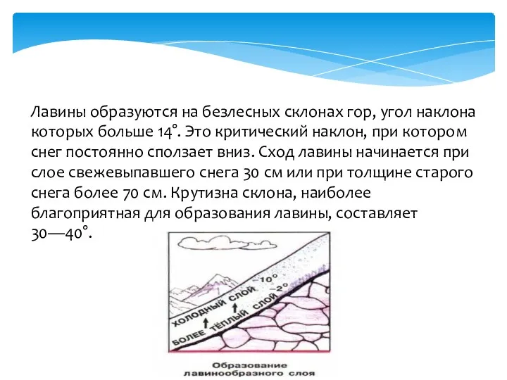 Лавины образуются на безлесных склонах гор, угол наклона которых больше