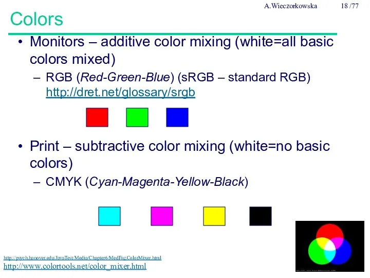 Colors Monitors – additive color mixing (white=all basic colors mixed)