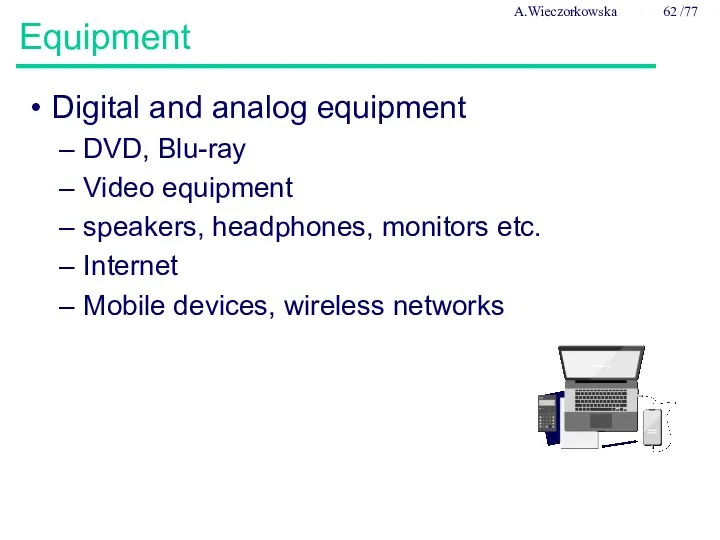 Equipment Digital and analog equipment DVD, Blu-ray Video equipment speakers,