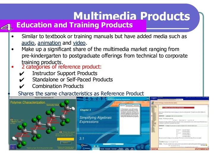 Multimedia Products Education and Training Products 4 Similar to textbook