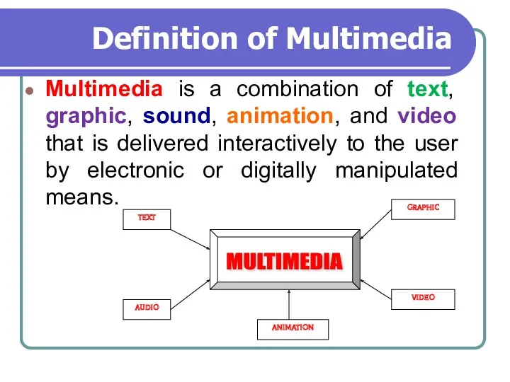 Definition of Multimedia Multimedia is a combination of text, graphic,