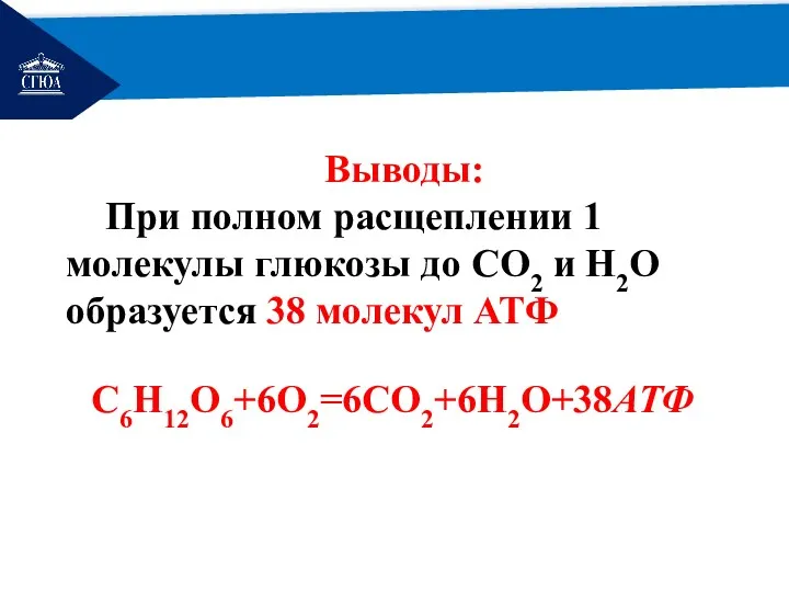 РЕМОНТ Выводы: При полном расщеплении 1 молекулы глюкозы до СО2