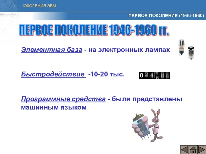 ПЕРВОЕ ПОКОЛЕНИЕ (1946-1960) Элементная база - на электронных лампах Быстродействие