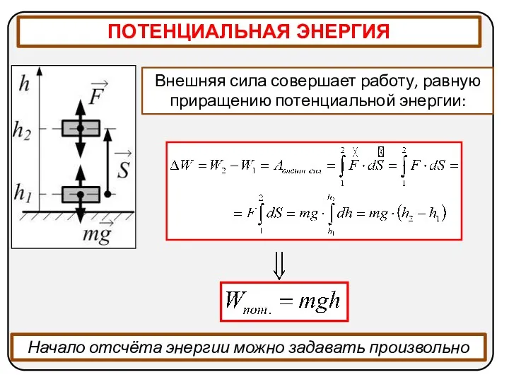 Внешняя сила совершает работу, равную приращению потенциальной энергии: Начало отсчёта энергии можно задавать произвольно ПОТЕНЦИАЛЬНАЯ ЭНЕРГИЯ