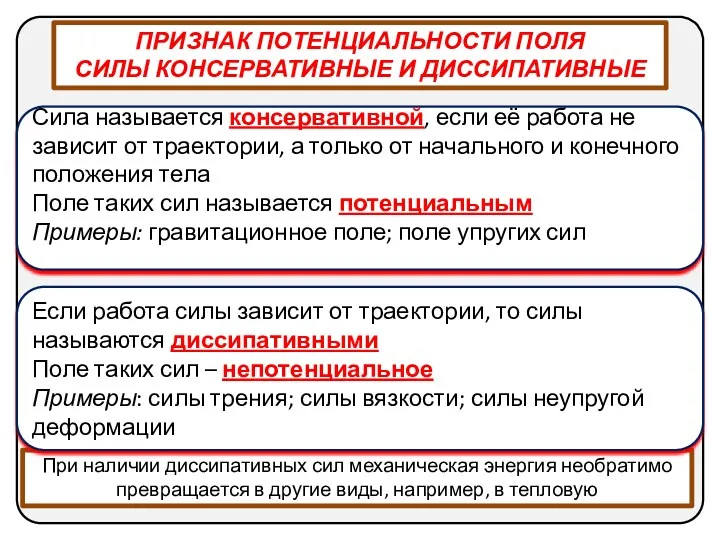 При наличии диссипативных сил механическая энергия необратимо превращается в другие