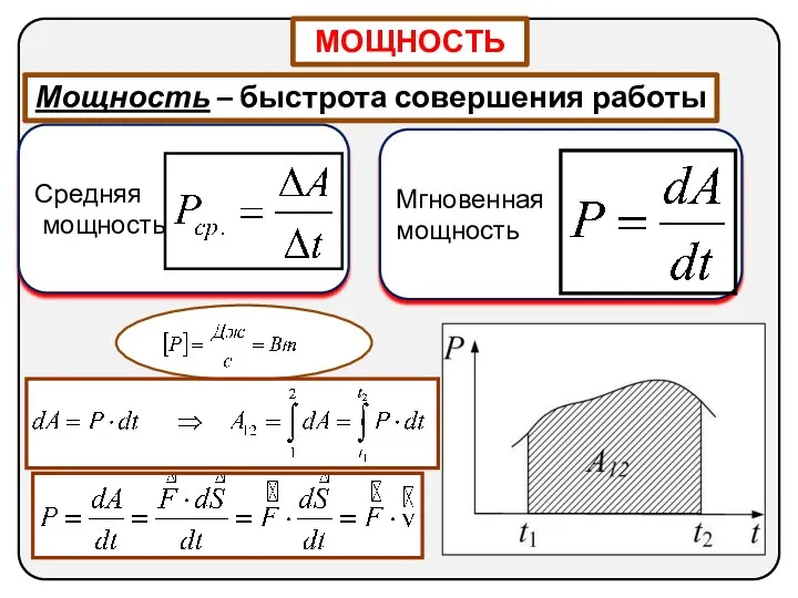 МОЩНОСТЬ Мощность – быстрота совершения работы Средняя мощность Мгновенная мощность