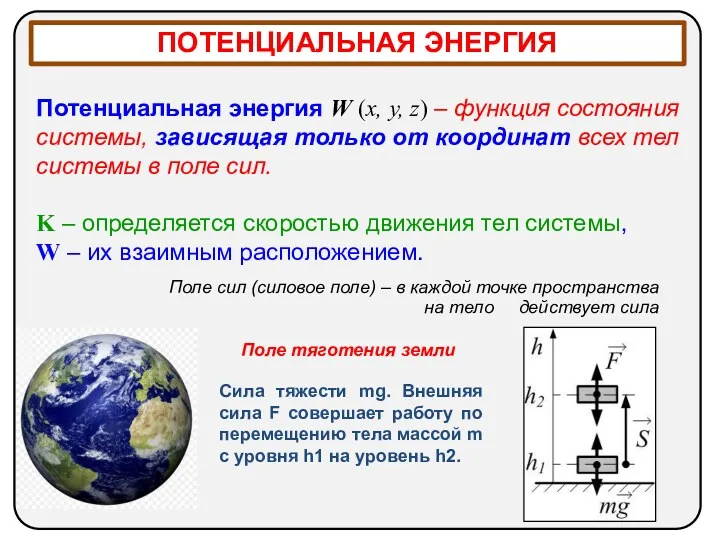 ПОТЕНЦИАЛЬНАЯ ЭНЕРГИЯ Поле сил (силовое поле) – в каждой точке пространства на тело