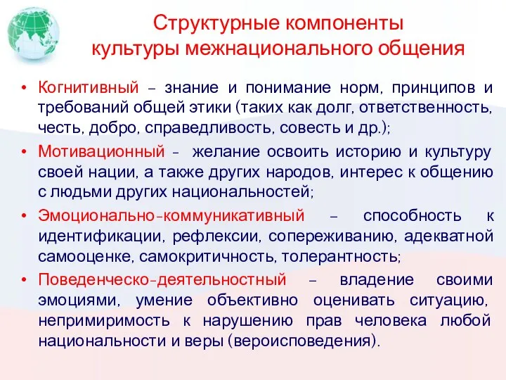 Структурные компоненты культуры межнационального общения Когнитивный – знание и понимание