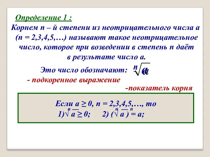 Определение 1 : Корнем n – й степени из неотрицательного числа a (n