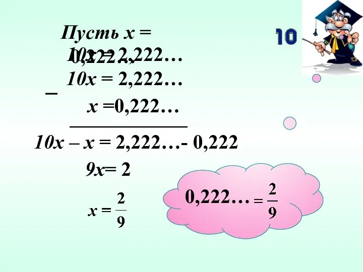 Пусть х = 0,222… 10х = 2,222… х =0,222… 10х