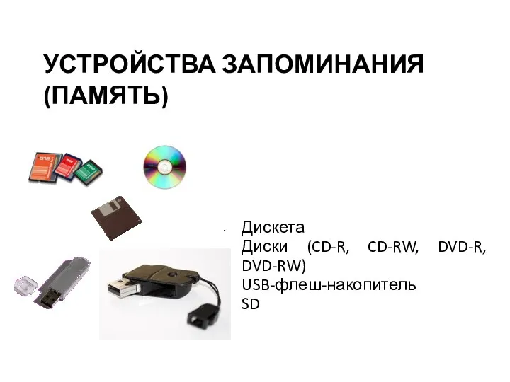 УСТРОЙСТВА ЗАПОМИНАНИЯ (ПАМЯТЬ) Дискета Диски (CD-R, CD-RW, DVD-R, DVD-RW) USB-флеш-накопитель SD