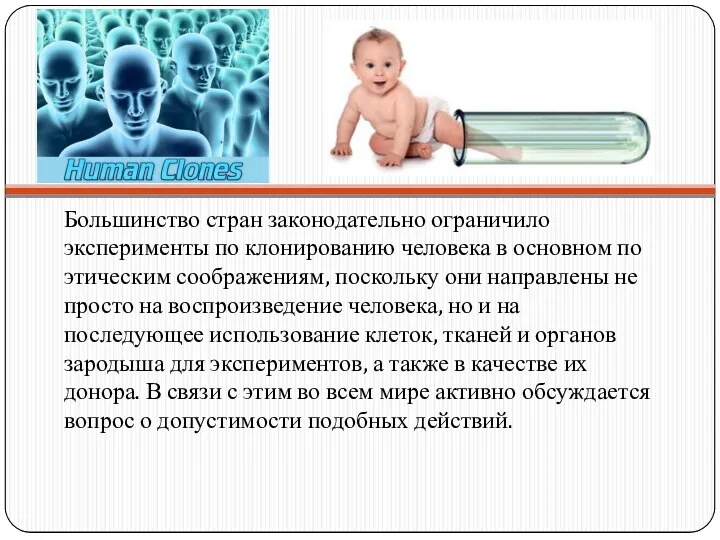 Большинство стран законодательно ограничило эксперименты по клонированию человека в основном