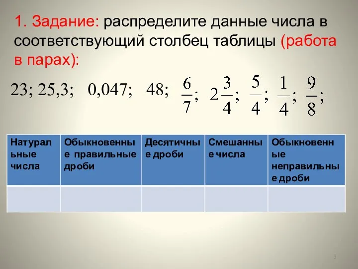 1. Задание: распределите данные числа в соответствующий столбец таблицы (работа в парах): 23; 25,3; 0,047; 48;