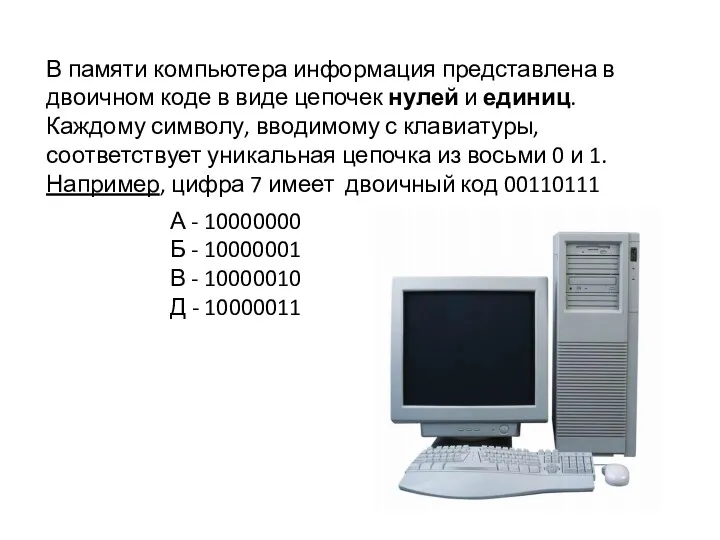 В памяти компьютера информация представлена в двоичном коде в виде