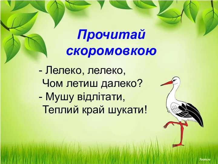 Прочитай скоромовкою Лелеко, лелеко, Чом летиш далеко? Мушу відлітати, Теплий край шукати!