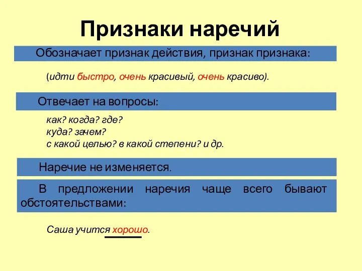 Обозначает признак действия, признак признака: как? когда? где? куда? зачем?