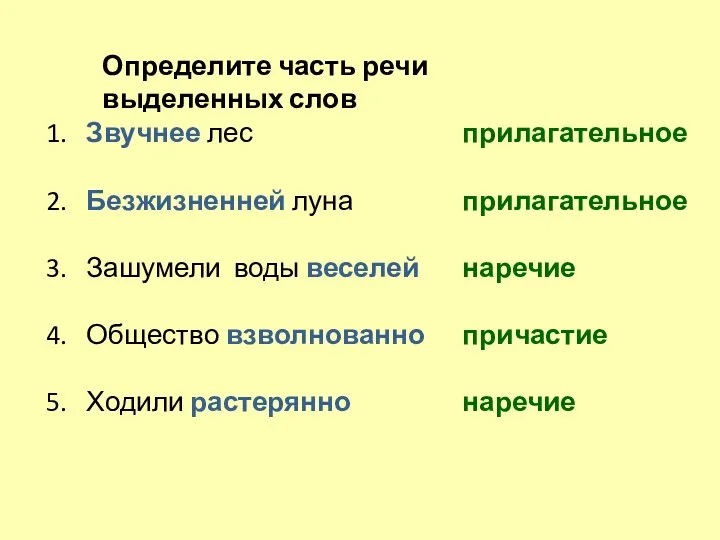 Определите часть речи выделенных слов 1. Звучнее лес 2. Безжизненней