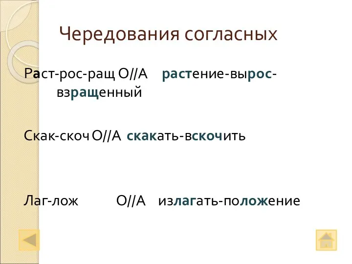 Чередования согласных Раст-рос-ращ О//А растение-вырос- взращенный Скак-скоч О//А скакать-вскочить Лаг-лож О//А излагать-положение