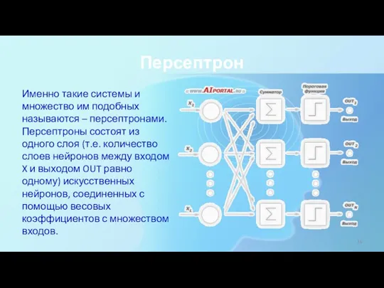 Персептрон Именно такие системы и множество им подобных называются –