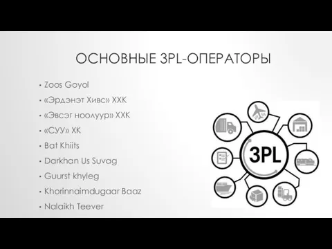 ОСНОВНЫЕ 3PL-ОПЕРАТОРЫ Zoos Goyol «Эрдэнэт Хивс» ХХК «Эвсэг ноолуур» ХХК