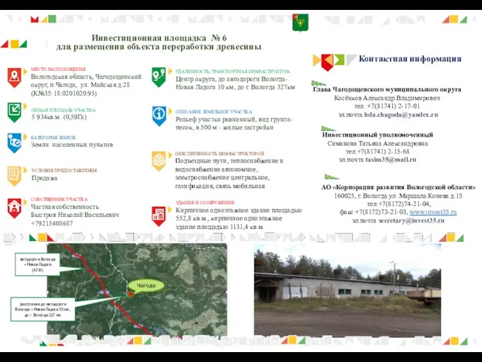 МЕСТО РАСПОЛОЖЕНИЯ Вологодская область, Чагодощенский округ, п.Чагода, ул. Майская д.28