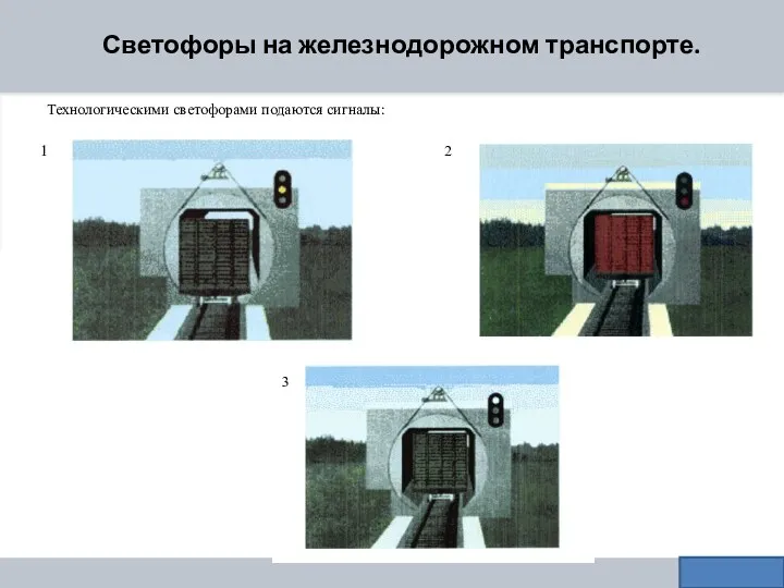 Светофоры на железнодорожном транспорте. 1 2 Технологическими светофорами подаются сигналы: 3