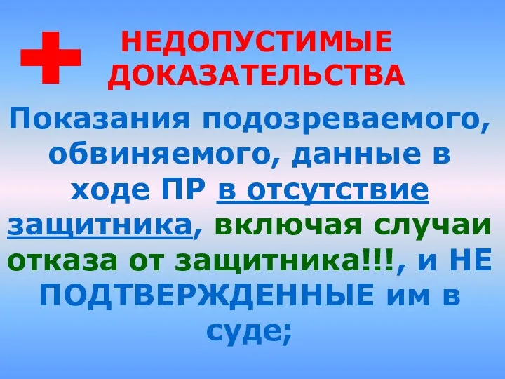 Показания подозреваемого, обвиняемого, данные в ходе ПР в отсутствие защитника,