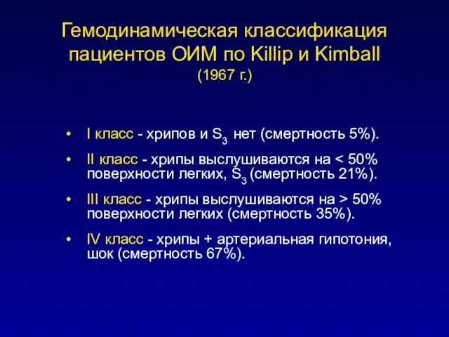 Гемодинамическая классификация пациентов ОИМ по Killip и Kimball (1967 г.)