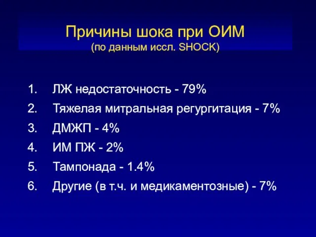 Причины шока при ОИМ (по данным иссл. SHOCK) ЛЖ недостаточность