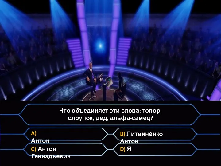 Что объединяет эти слова: топор, слоупок, дед, альфа-самец? A) Антон B) Литвиненко Антон