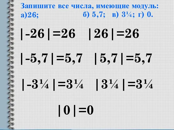 Запишите все числа, имеющие модуль: а)26; |-26|=26 |26|=26 б) 5,7; |-5,7|=5,7 |5,7|=5,7 в)