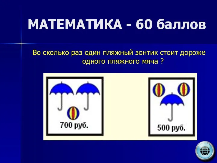 МАТЕМАТИКА - 60 баллов Во сколько раз один пляжный зонтик стоит дороже одного пляжного мяча ?