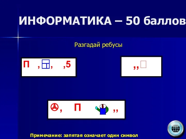 ИНФОРМАТИКА – 50 баллов Разгадай ребусы П , , ,5