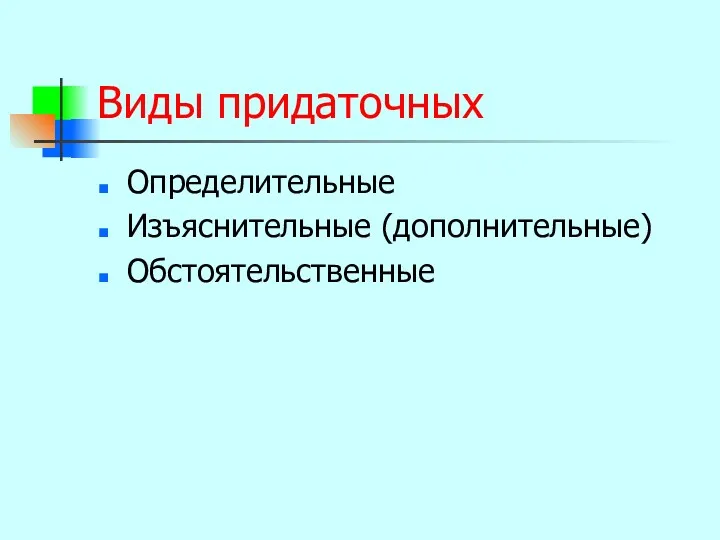 Виды придаточных Определительные Изъяснительные (дополнительные) Обстоятельственные