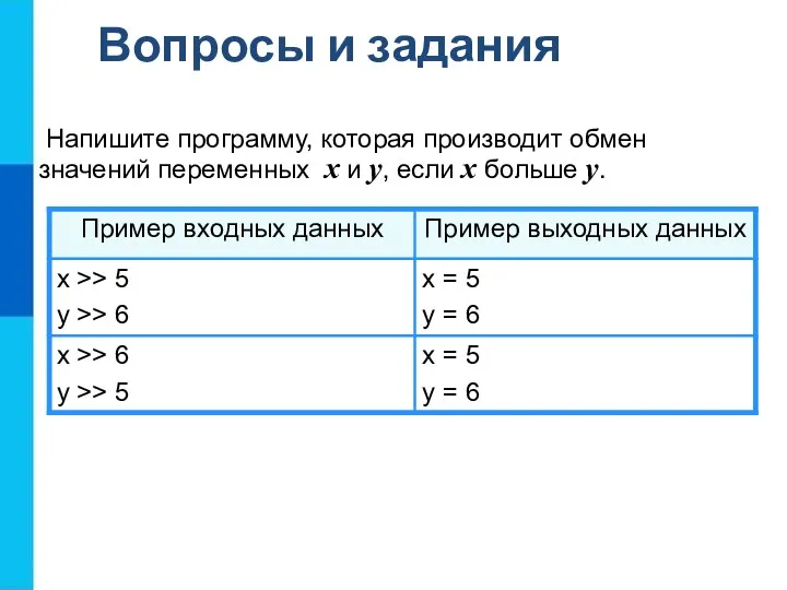 Напишите программу, которая производит обмен значений переменных x и y,