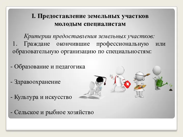 Ι. Предоставление земельных участков молодым специалистам Критерии предоставления земельных участков: