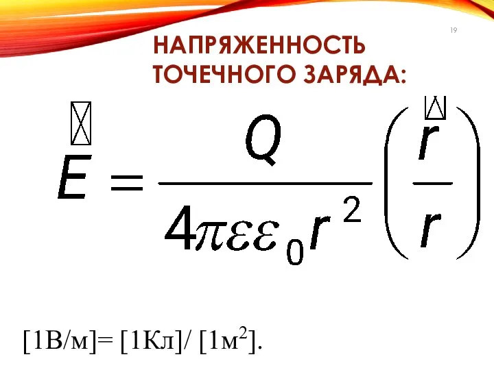 НАПРЯЖЕННОСТЬ ТОЧЕЧНОГО ЗАРЯДА: [1В/м]= [1Кл]/ [1м2].