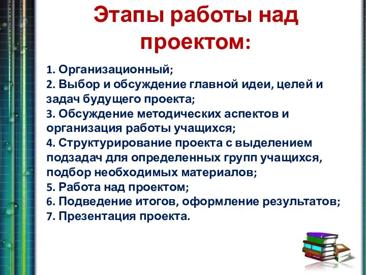 Этапы работы над проектом: 1. Организационный; 2. Выбор и обсуждение главной идеи, целей