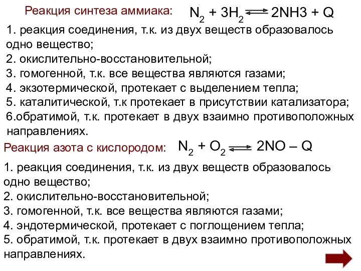 Реакция синтеза аммиака: 1. реакция соединения, т.к. из двух веществ