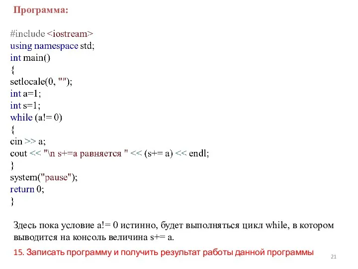 Программа: Здесь пока условие a!= 0 истинно, будет выполняться цикл