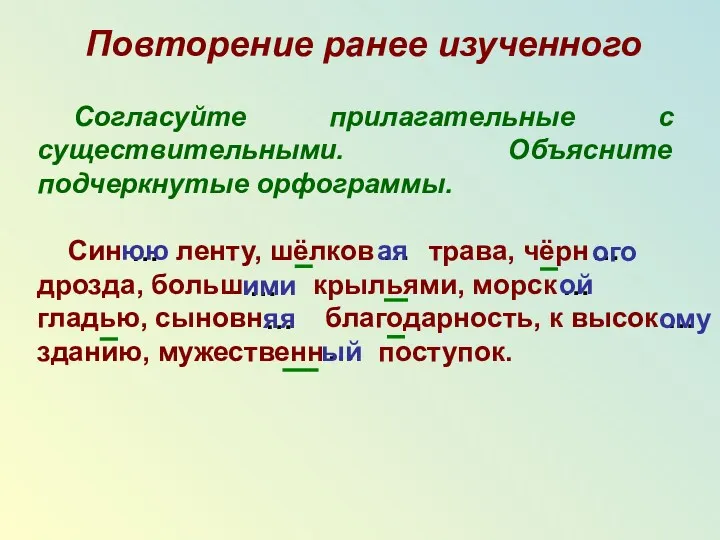 Повторение ранее изученного Согласуйте прилагательные с существительными. Объясните подчеркнутые орфограммы.