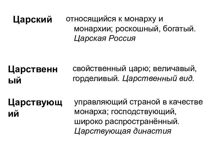 Царский относящийся к монарху и монархии; роскошный, богатый. Царская Россия