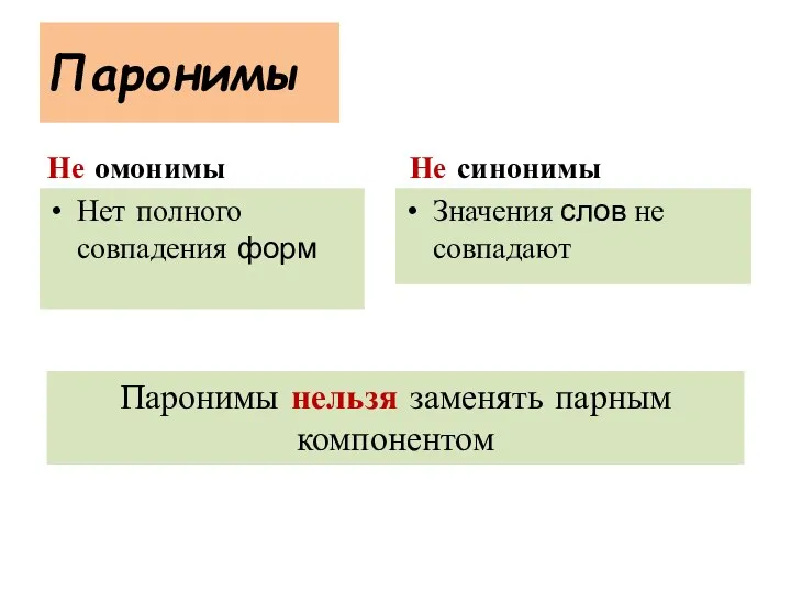 Паронимы Не омонимы Нет полного совпадения форм Не синонимы Значения