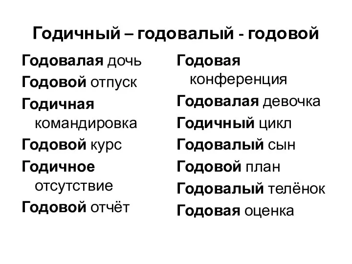 Годичный – годовалый - годовой Годовалая дочь Годовой отпуск Годичная