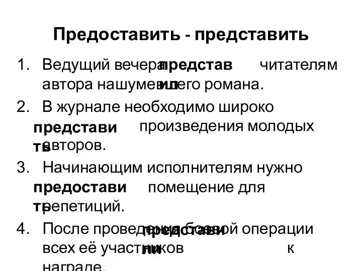 Предоставить - представить Ведущий вечера представил читателям автора нашумевшего романа.