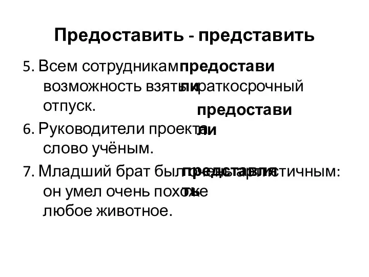 Предоставить - представить 5. Всем сотрудникам предоставили возможность взять краткосрочный