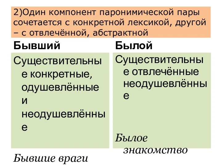 2)Один компонент паронимической пары сочетается с конкретной лексикой, другой –