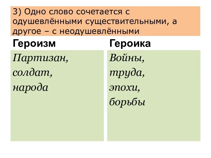 3) Одно слово сочетается с одушевлёнными существительными, а другое –