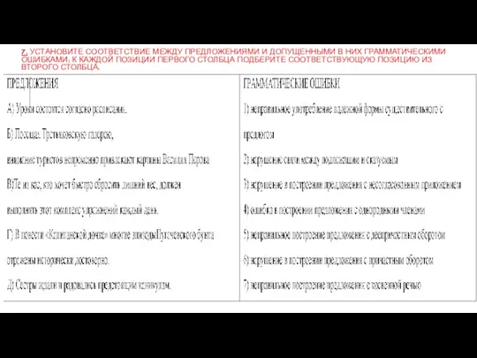 7. УСТАНОВИТЕ СООТВЕТСТВИЕ МЕЖДУ ПРЕДЛОЖЕНИЯМИ И ДОПУЩЕННЫМИ В НИХ ГРАММАТИЧЕСКИМИ