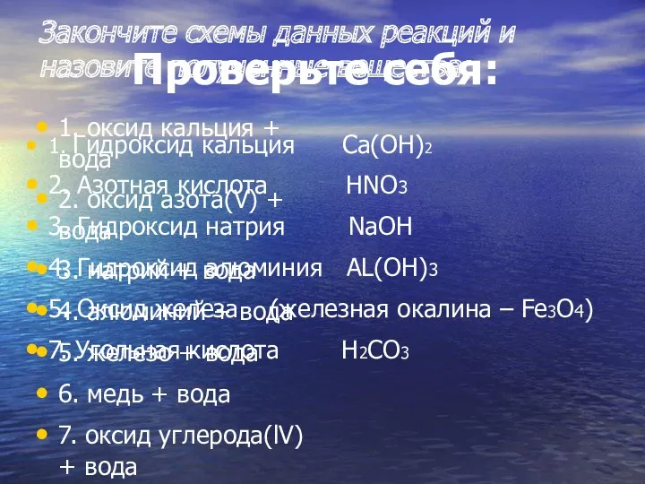 Закончите схемы данных реакций и назовите полученные вещества: 1. оксид